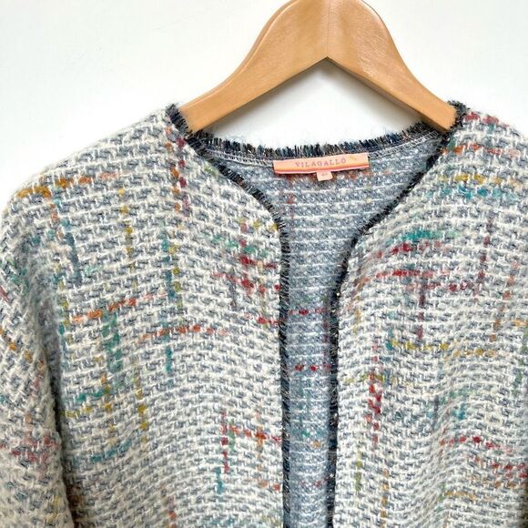 Anthro Vilagallo Knit Tweed Jacket Long Cardigan Sweater Fringe size 42 / US 10 - Picture 3 of 12